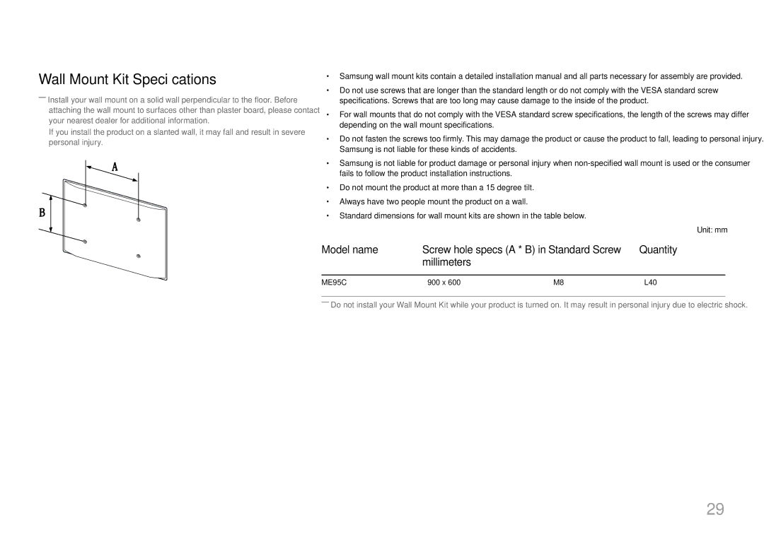 Samsung LH95MECPLBC/XS, LH95MECPLBC/EN, LH95MECPLBC/UE Wall Mount Kit Specifications, Standard Screw Quantity Millimeters 