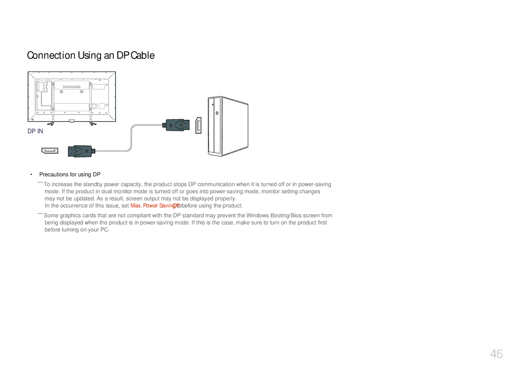 Samsung LH95MECPLBC/XY, LH95MECPLBC/EN, LH95MECPLBC/UE manual Connection Using an DP Cable, Precautions for using DP 