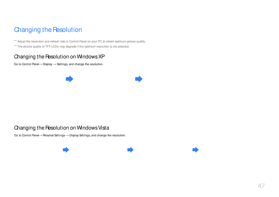 Samsung LH95MECPLBC/XS, LH95MECPLBC/EN Changing the Resolution on Windows XP, Changing the Resolution on Windows Vista 