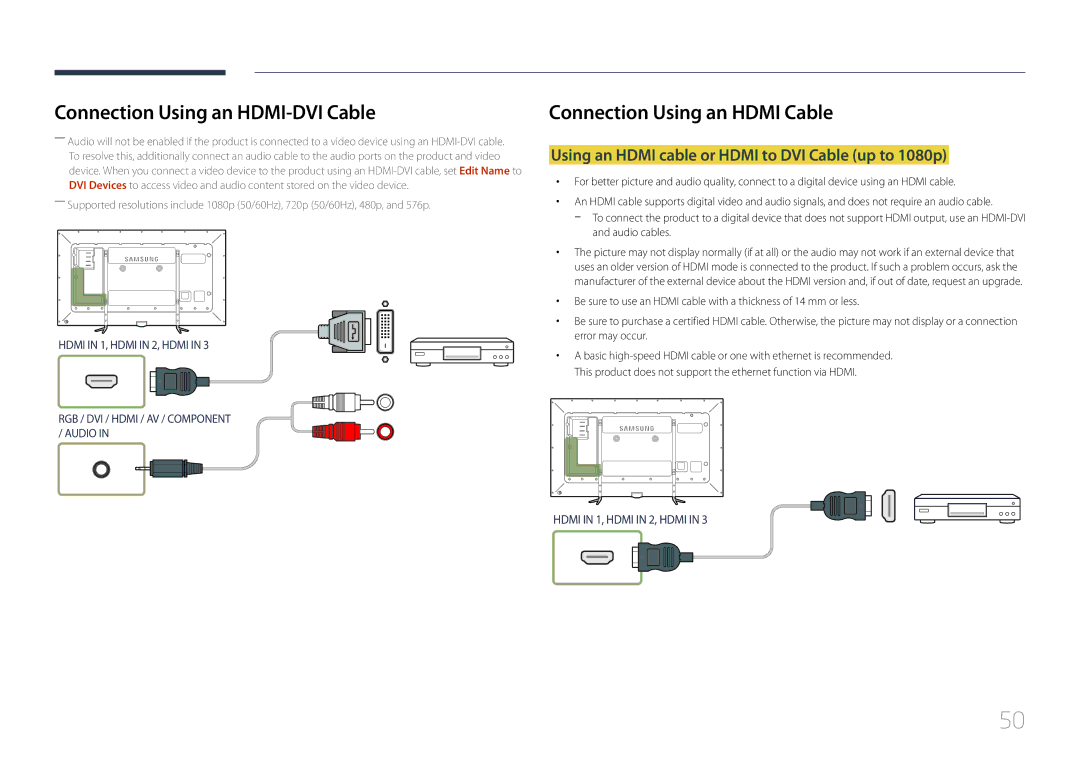 Samsung LH95MECPLBC/NG manual Connection Using an Hdmi Cable, Using an Hdmi cable or Hdmi to DVI Cable up to 1080p 