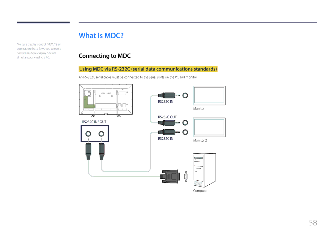 Samsung LH95MECPLBC/XY manual What is MDC?, Connecting to MDC, Using MDC via RS-232C serial data communications standards 