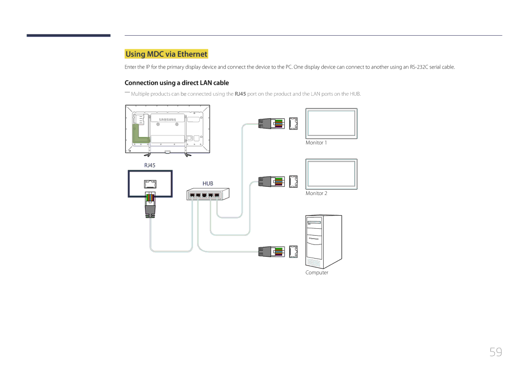 Samsung LH95MECPLBC/XS, LH95MECPLBC/EN, LH95MECPLBC/UE manual Using MDC via Ethernet, Connection using a direct LAN cable 