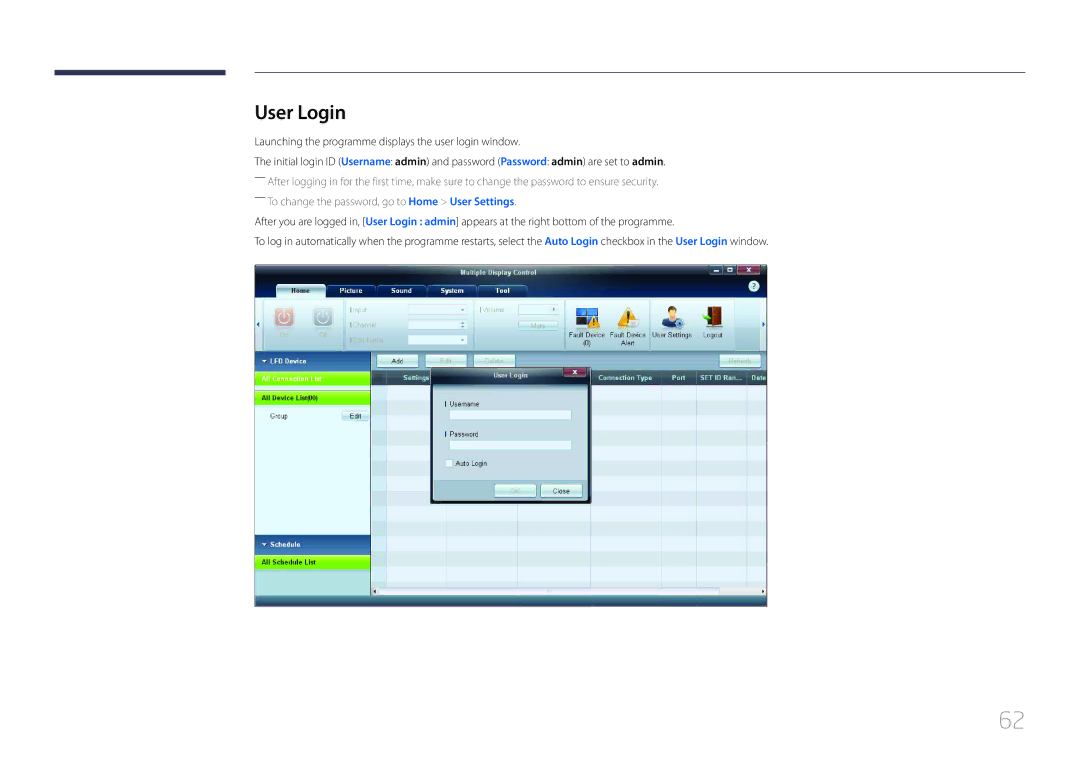 Samsung LH95MECPLBC/NG, LH95MECPLBC/EN, LH95MECPLBC/UE User Login, Launching the programme displays the user login window 