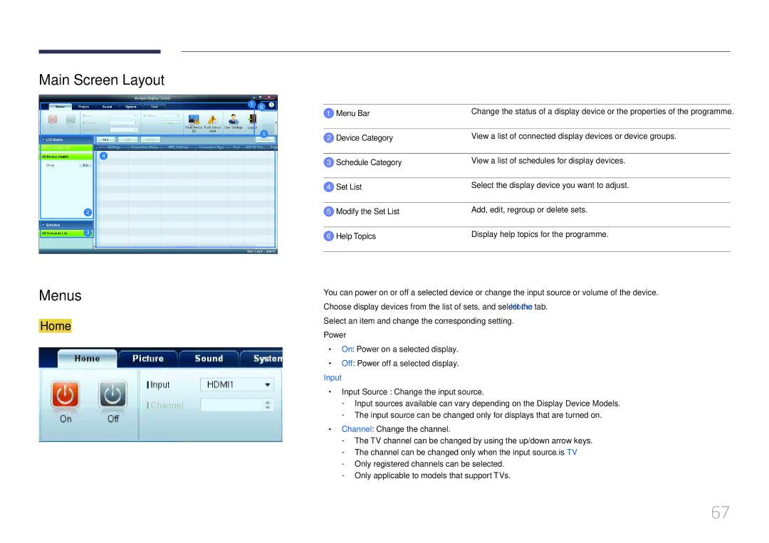 Samsung LH95MECPLBC/UE, LH95MECPLBC/EN manual Main Screen Layout Menus, Menu Bar, Input Source Change the input source 