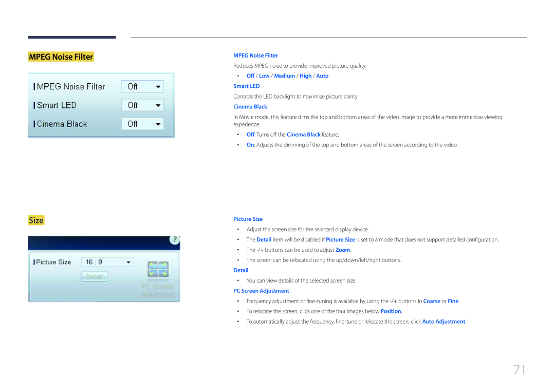 Samsung LH95MECPLBC/XS, LH95MECPLBC/EN, LH95MECPLBC/UE manual Size, Reduces Mpeg noise to provide improved picture quality 