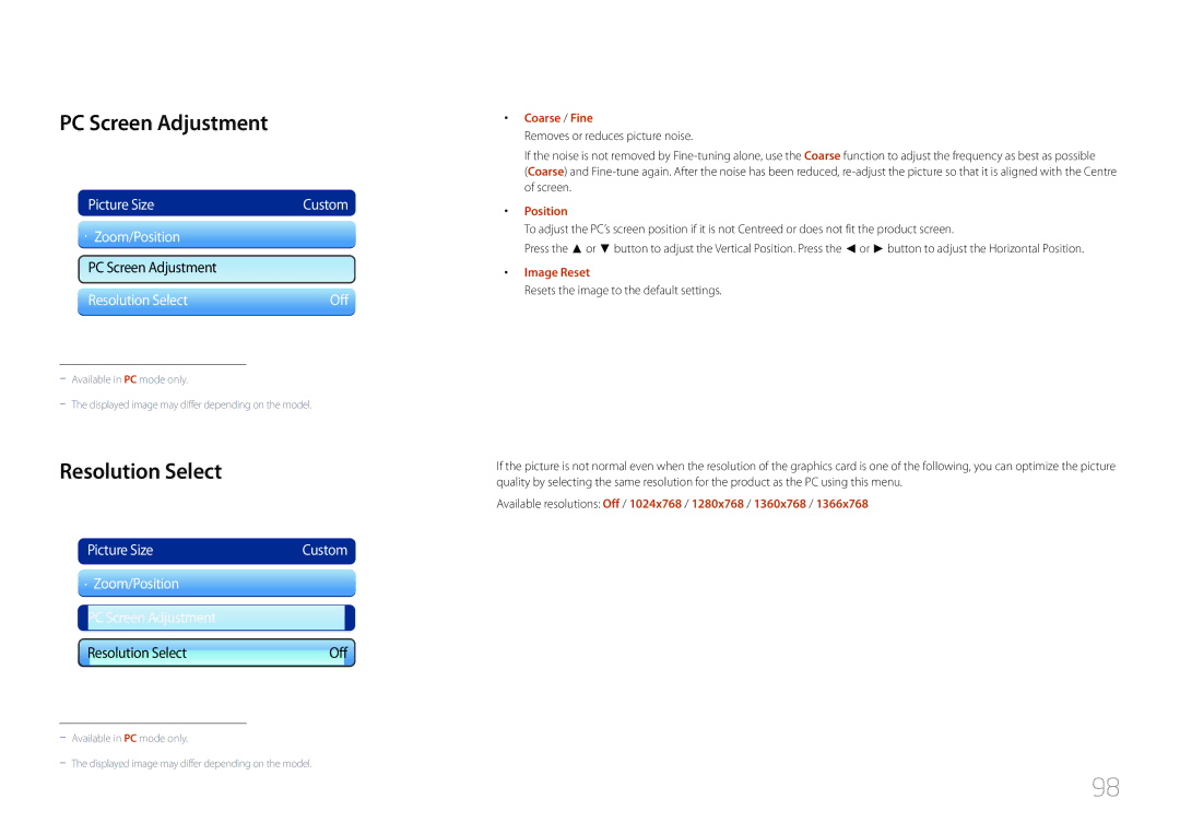 Samsung LH95MECPLBC/NG, LH95MECPLBC/EN, LH95MECPLBC/UE, LH95MECPLBC/HD manual PC Screen Adjustment, Resolution Select 