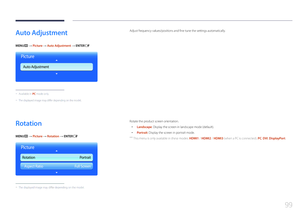 Samsung LH95MECPLBC/HD manual MENUm → Picture → Auto Adjustment → Entere, MENUm → Picture → Rotation → Entere 