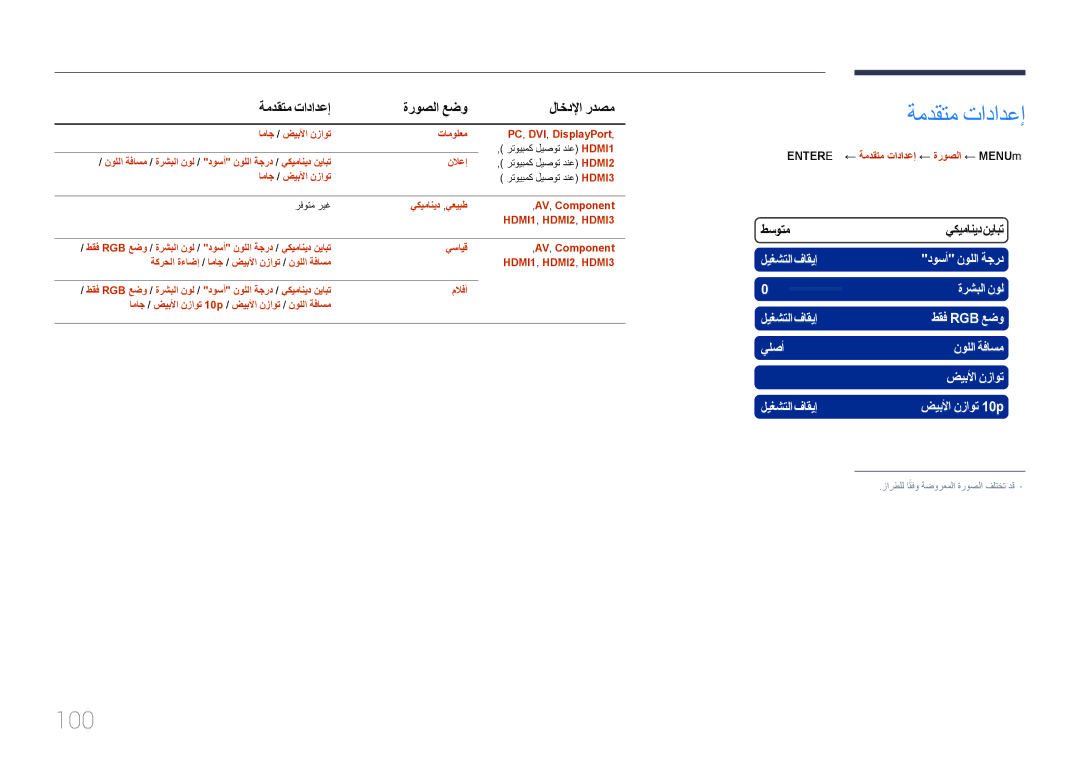 Samsung LH95MECPLBC/EN, LH95MECPLBC/UE, LH95MECPLBC/NG manual 100, ةروصلا عضو, Entere ← ةمدقتم تادادعإ ← ةروصلا ← MENU‏ m 