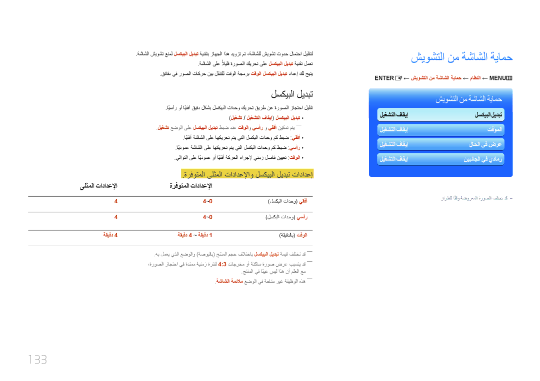 Samsung LH95MECPLBC/UE, LH95MECPLBC/EN, LH95MECPLBC/NG manual 133, ةرفوتملا ىلثملا تادادعلإاو لسكيبلا ليدبت تادادعإ 