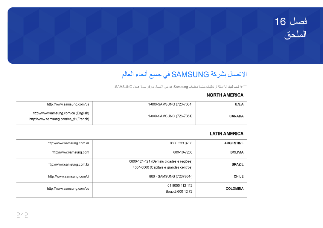 Samsung LH95MECPLBC/NG, LH95MECPLBC/EN, LH95MECPLBC/UE, LH95MECPLBC/HD manual ملاعلا ءاحنأ عيمج يف Samsung ةكرشب لاصتلاا, 242 