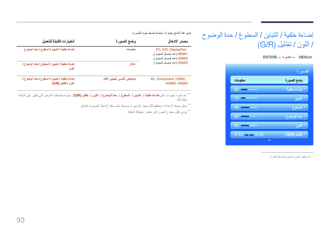 Samsung LH95MECPLBC/UE manual ليدعتلل ةلباقلا تارايخلا ةروصلا عضو, ةروصلا ةدوج طبضل ةددعتم تارايخب جتنملا اذه زيمتي 