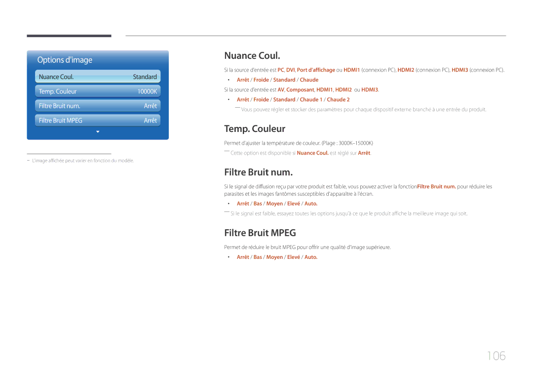 Samsung LH95MECPLBC/EN manual 106, Nuance Coul, Temp. Couleur, Filtre Bruit num, Filtre Bruit Mpeg 