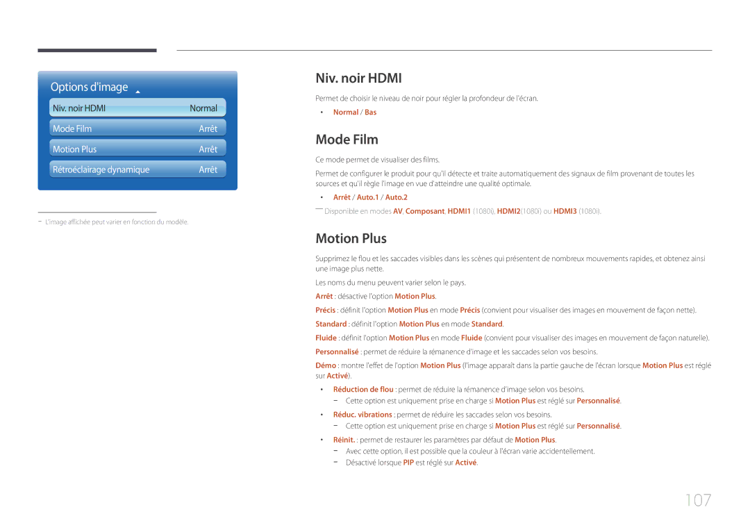 Samsung LH95MECPLBC/EN manual 107, Niv. noir Hdmi, Mode Film Arrêt Motion Plus Rétroéclairage dynamique 