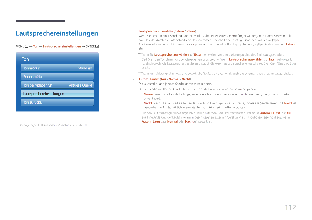 Samsung LH95MECPLBC/EN 112, MENUm → Ton → Lautsprechereinstellungen → Entere, Lautsprecher auswählen Extern / Intern 