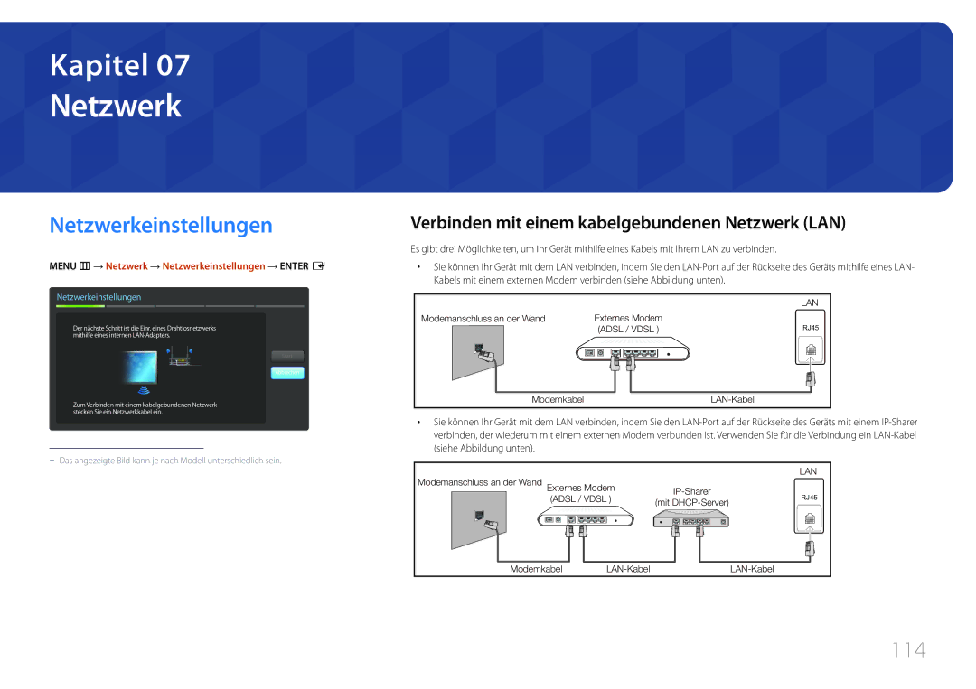 Samsung LH95MECPLBC/EN manual Netzwerkeinstellungen, 114, Verbinden mit einem kabelgebundenen Netzwerk LAN 