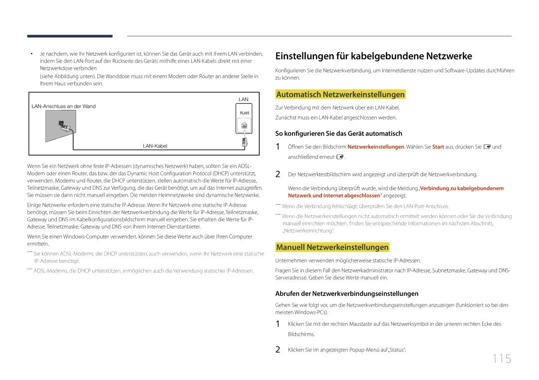 Samsung LH95MECPLBC/EN manual 115, Einstellungen für kabelgebundene Netzwerke, Automatisch Netzwerkeinstellungen 