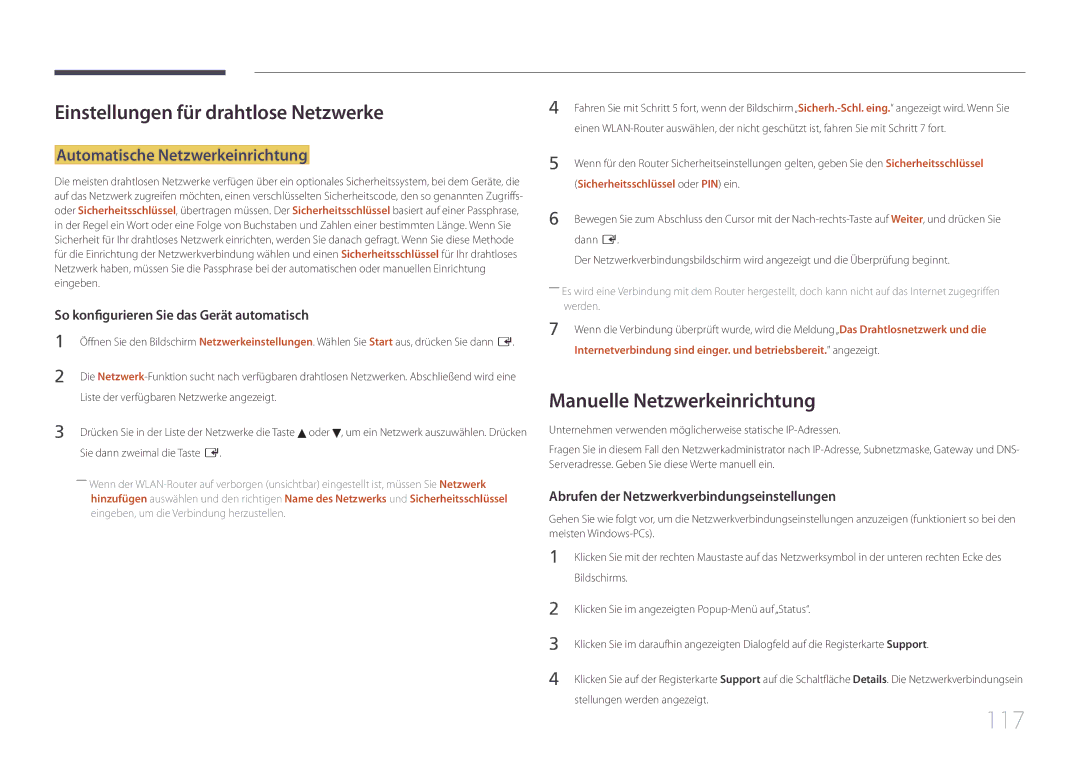 Samsung LH95MECPLBC/EN manual 117, Einstellungen für drahtlose Netzwerke, Manuelle Netzwerkeinrichtung 