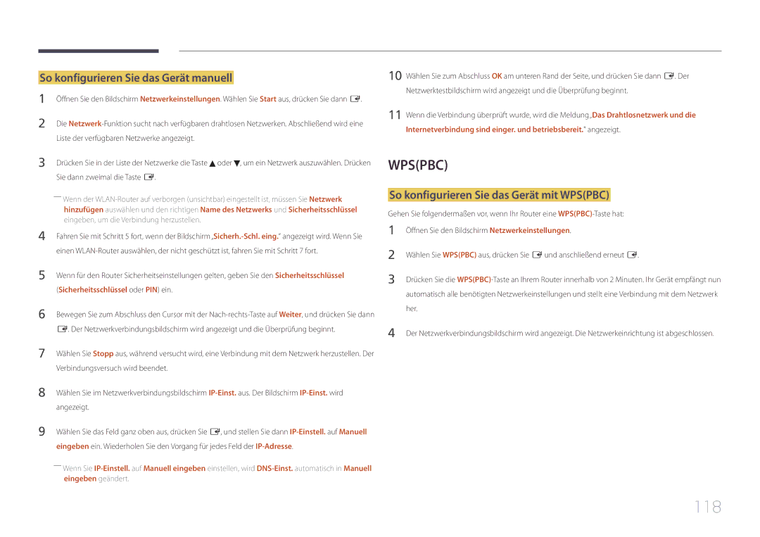 Samsung LH95MECPLBC/EN manual 118, So konfigurieren Sie das Gerät manuell, So konfigurieren Sie das Gerät mit Wpspbc, Her 