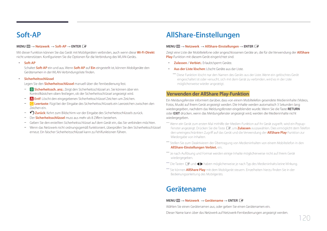 Samsung LH95MECPLBC/EN manual Soft-AP, AllShare-Einstellungen, Gerätename, 120, Verwenden der AllShare Play-Funktion 