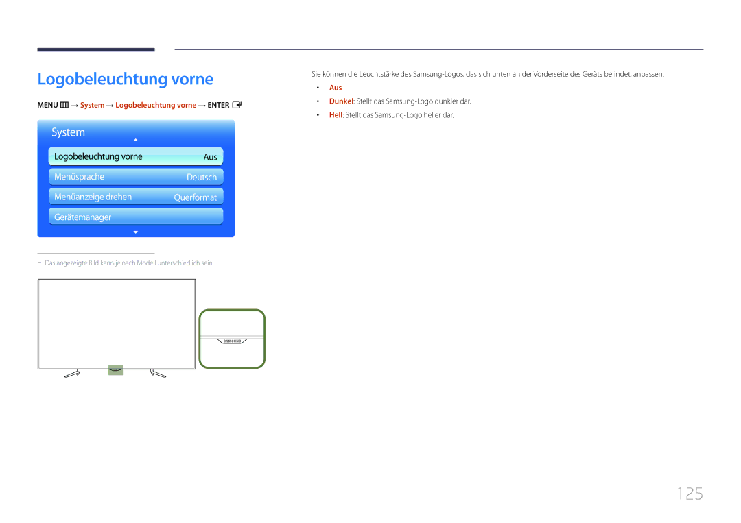 Samsung LH95MECPLBC/EN manual 125, Menu m → System → Logobeleuchtung vorne → Enter E 