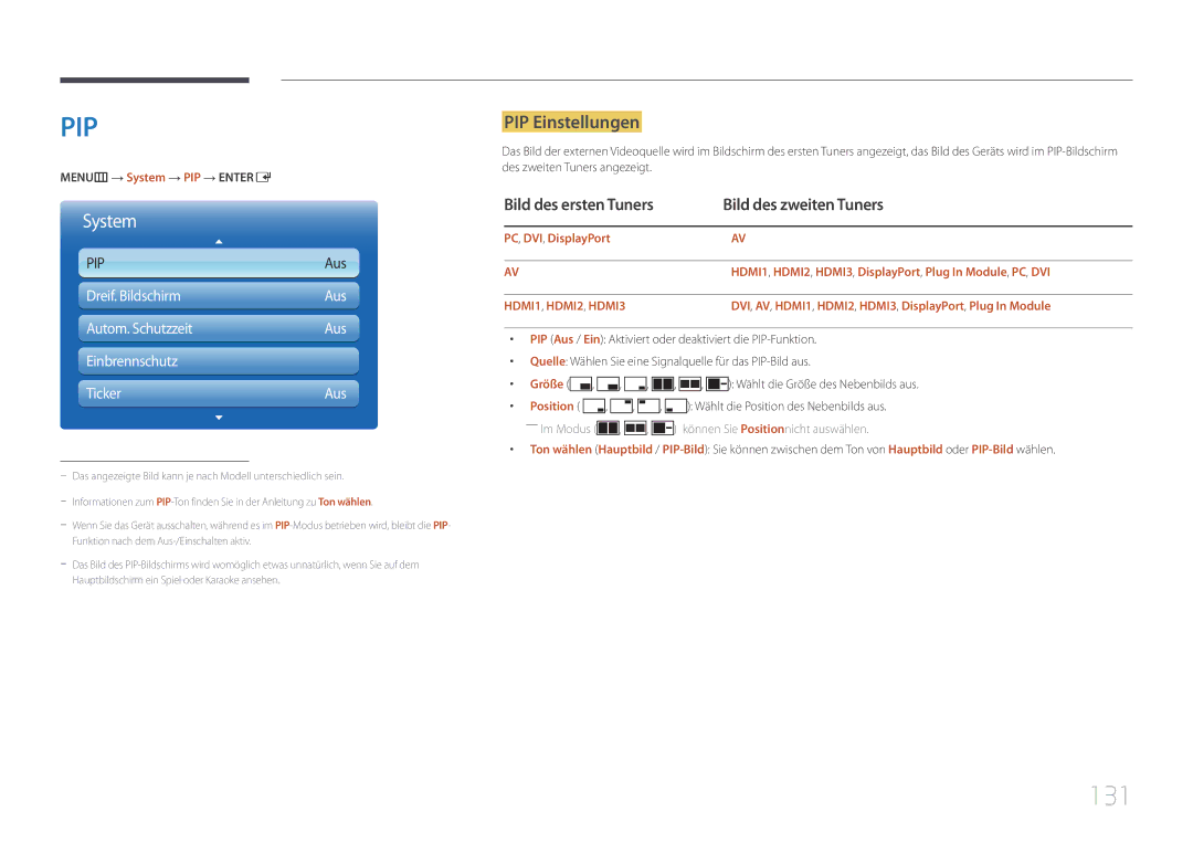 Samsung LH95MECPLBC/EN manual 131, PIP Einstellungen, Bild des ersten Tuners Bild des zweiten Tuners 