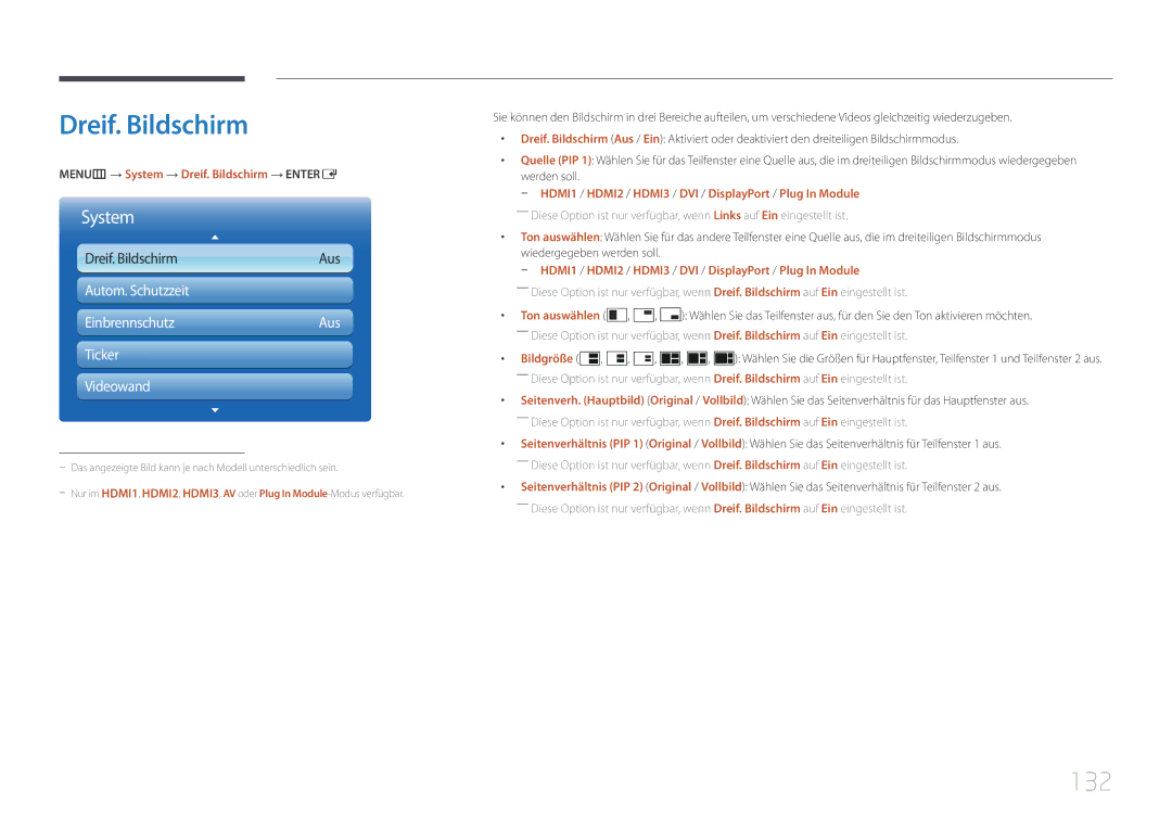 Samsung LH95MECPLBC/EN manual 132, MENUm → System → Dreif. Bildschirm → Entere 