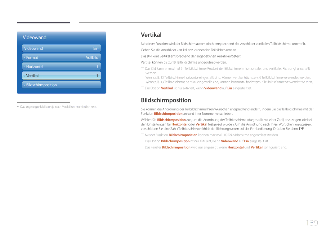 Samsung LH95MECPLBC/EN manual 139, Vertikal, Bildschirmposition 