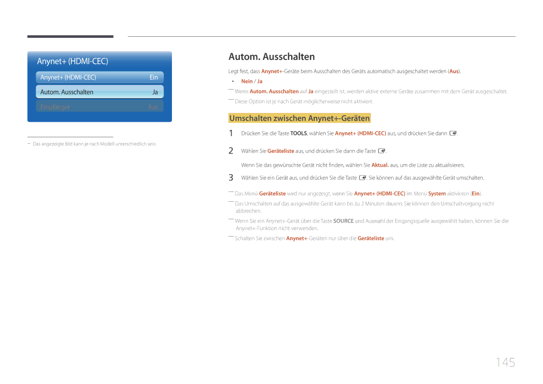 Samsung LH95MECPLBC/EN manual 145, Autom. Ausschalten, Umschalten zwischen Anynet+-Geräten, Nein / Ja 