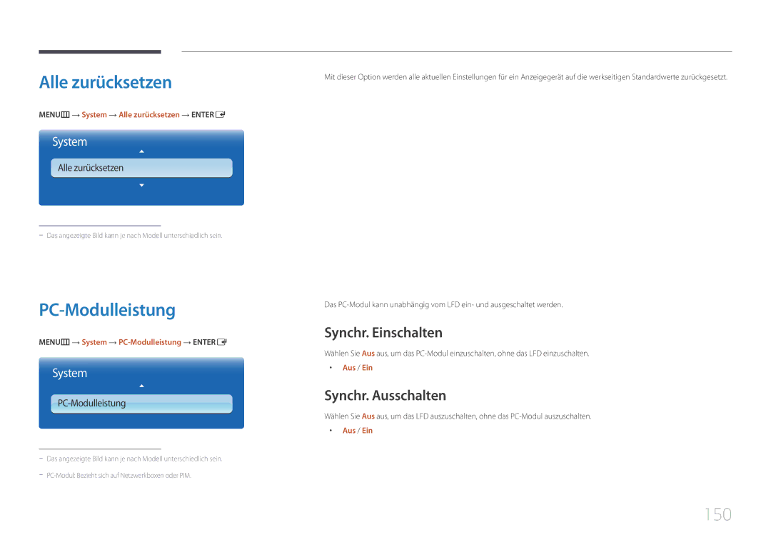 Samsung LH95MECPLBC/EN manual Alle zurücksetzen, PC-Modulleistung, 150, Synchr. Einschalten, Synchr. Ausschalten 