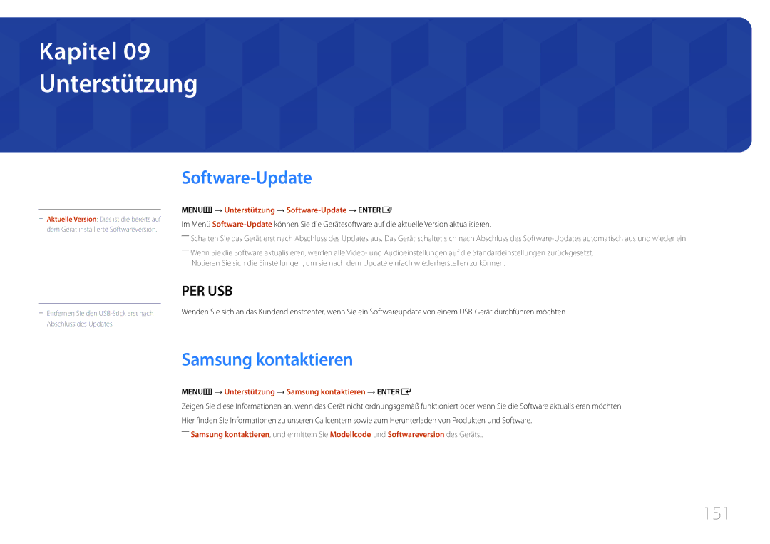 Samsung LH95MECPLBC/EN manual Unterstützung, Software-Update, Samsung kontaktieren, 151 