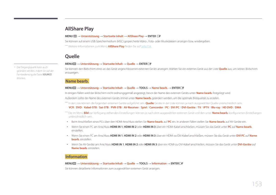 Samsung LH95MECPLBC/EN manual 153, AllShare Play, Name bearb, Information 