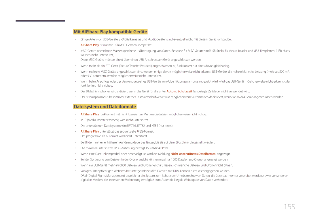 Samsung LH95MECPLBC/EN manual 155, Mit AllShare Play kompatible Geräte, Dateisystem und Dateiformate 
