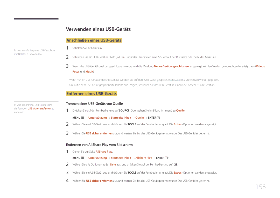 Samsung LH95MECPLBC/EN manual 156, Verwenden eines USB-Geräts, Anschließen eines USB-Geräts, Entfernen eines USB-Geräts 