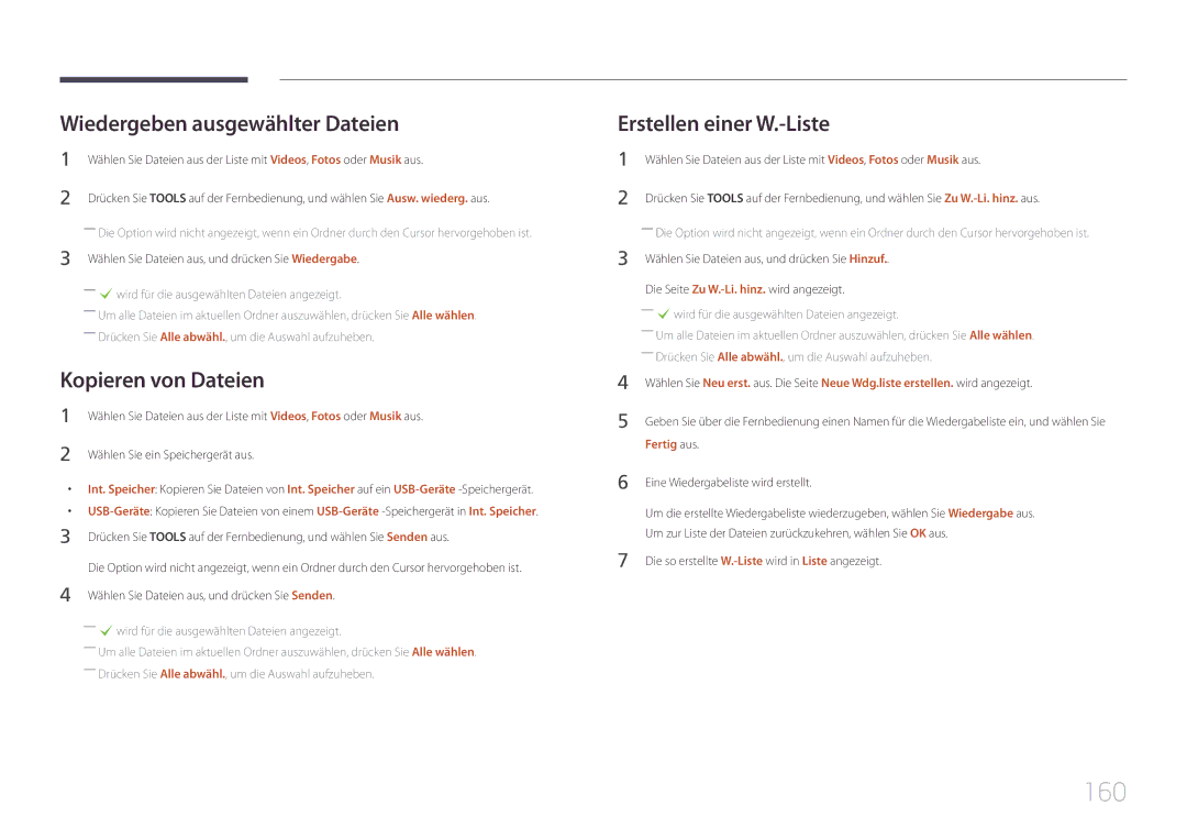 Samsung LH95MECPLBC/EN 160, Wiedergeben ausgewählter Dateien, Kopieren von Dateien, Erstellen einer W.-Liste, Fertig aus 