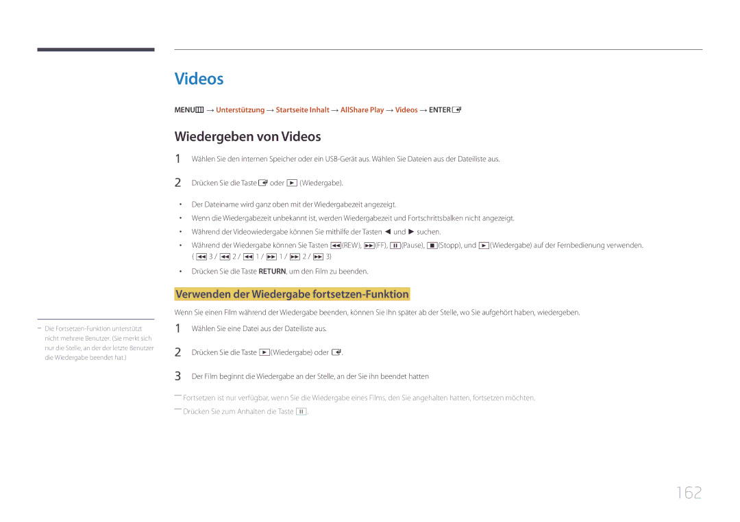 Samsung LH95MECPLBC/EN manual 162, Wiedergeben von Videos, Verwenden der Wiedergabe fortsetzen-Funktion 