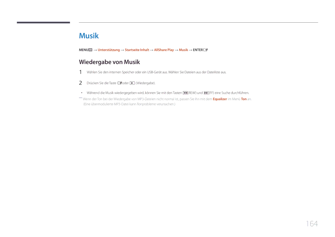 Samsung LH95MECPLBC/EN manual 164, Wiedergabe von Musik, Drücken Sie die Taste Eoder ∂Wiedergabe 