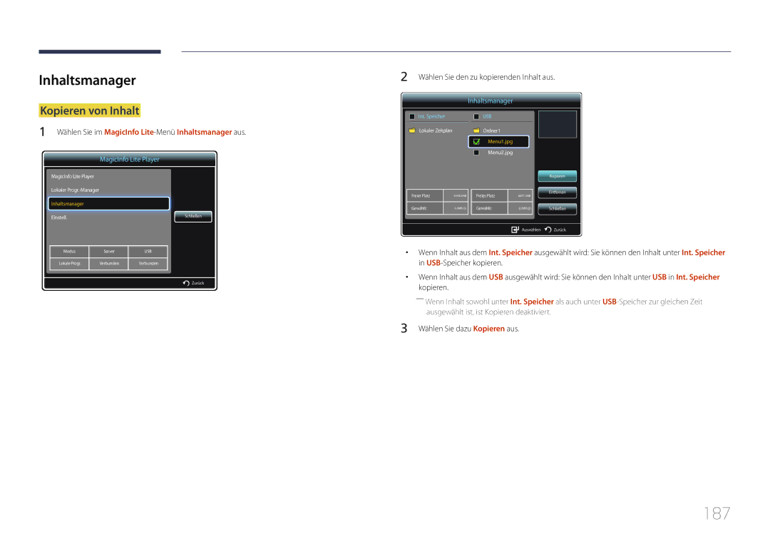 Samsung LH95MECPLBC/EN manual 187, Kopieren von Inhalt, Wählen Sie im MagicInfo Lite-MenüInhaltsmanager aus 