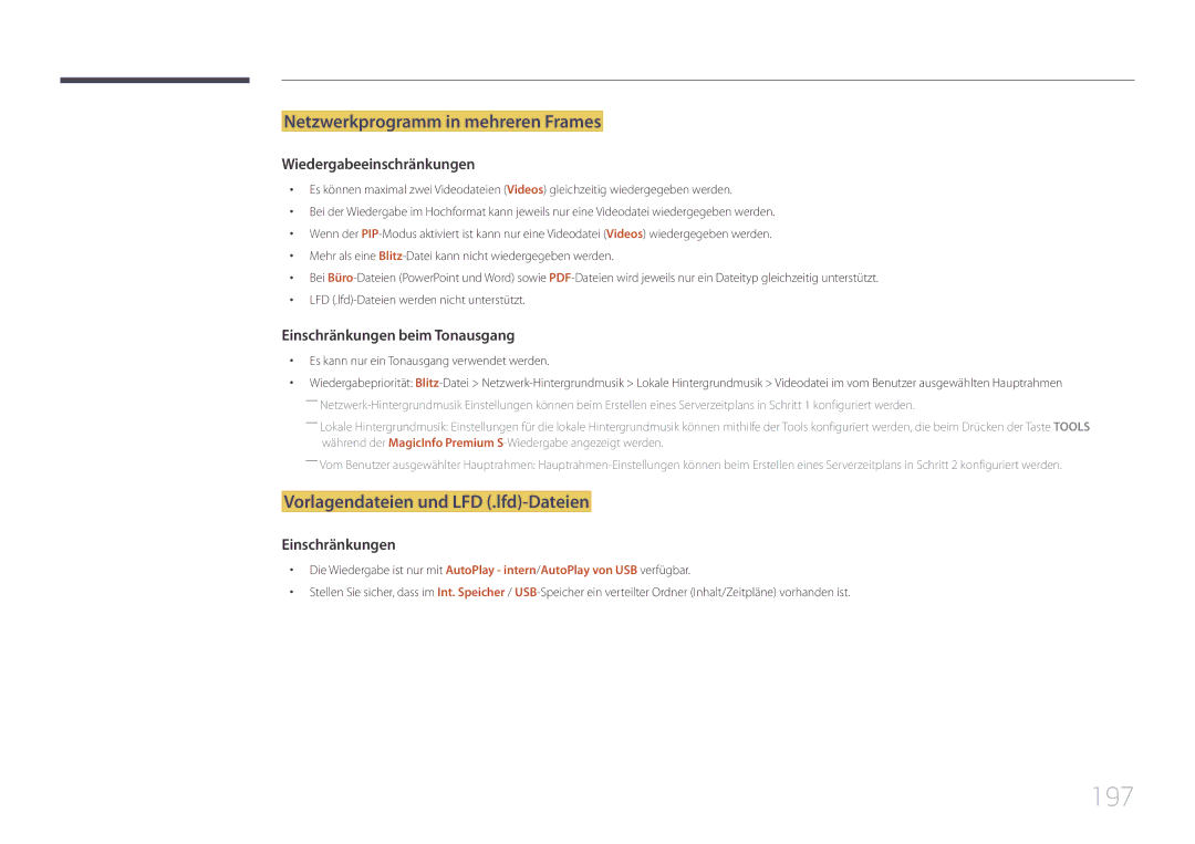 Samsung LH95MECPLBC/EN manual 197, Netzwerkprogramm in mehreren Frames, Vorlagendateien und LFD .lfd-Dateien 