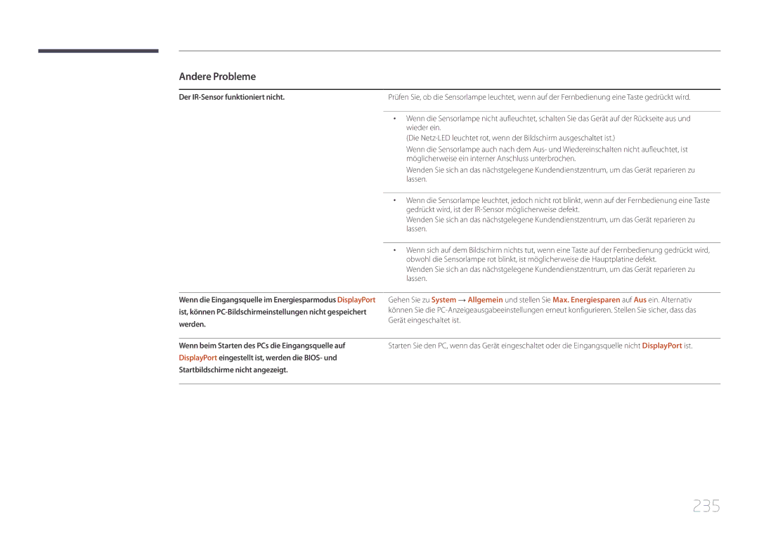 Samsung LH95MECPLBC/EN manual 235, Der IR-Sensor funktioniert nicht 