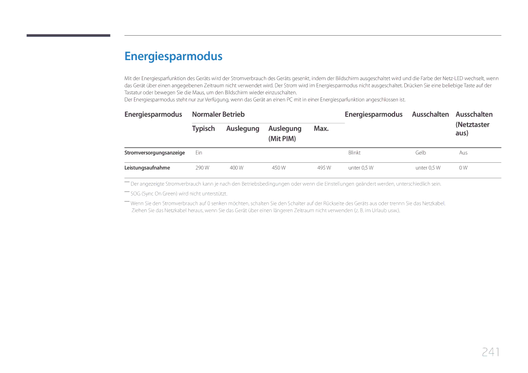 Samsung LH95MECPLBC/EN manual Energiesparmodus, 241 