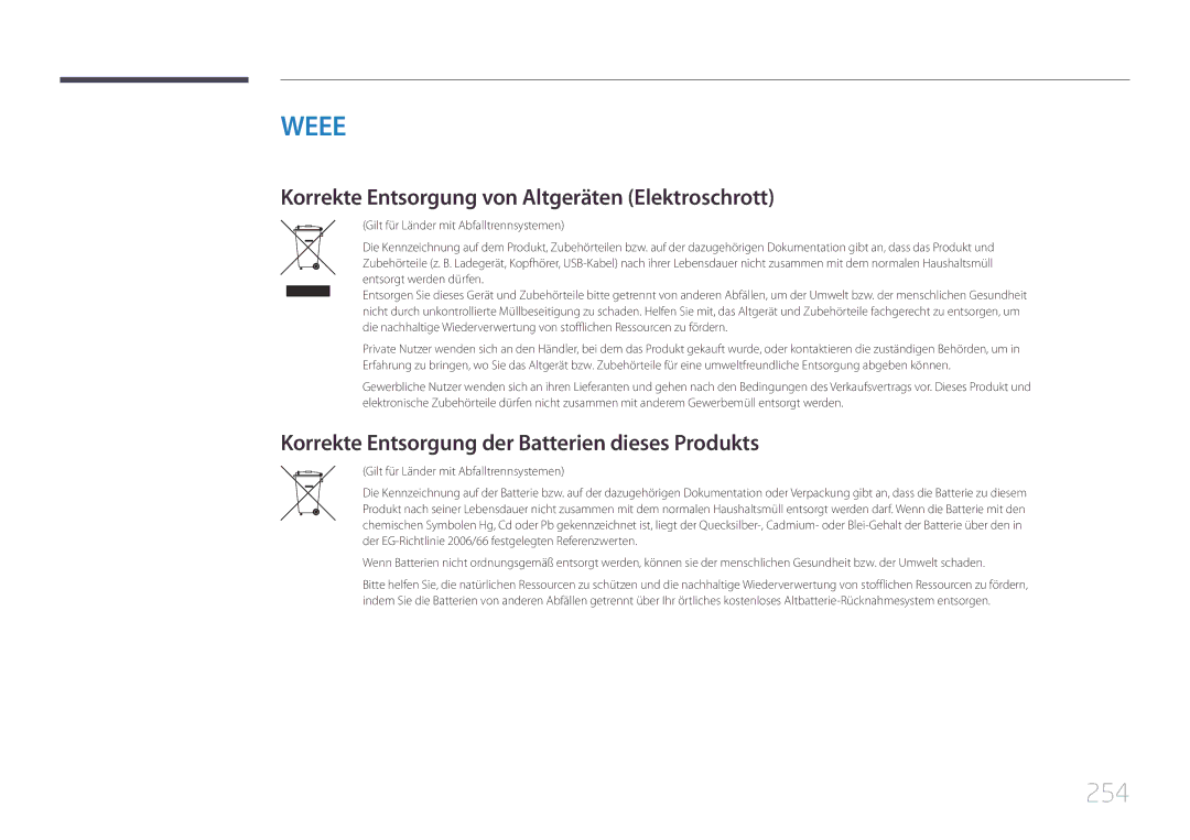 Samsung LH95MECPLBC/EN 254, Korrekte Entsorgung von Altgeräten Elektroschrott, Gilt für Länder mit Abfalltrennsystemen 