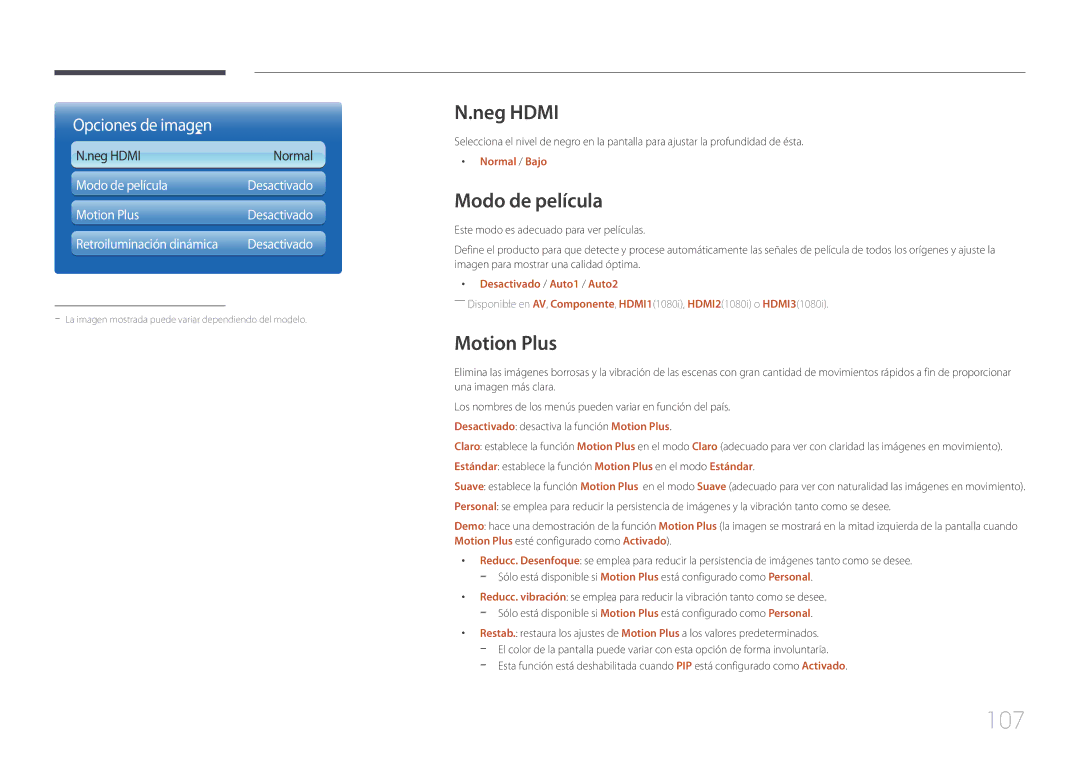 Samsung LH95MECPLBC/EN manual 107, Neg Hdmi, Modo de película, Motion Plus 