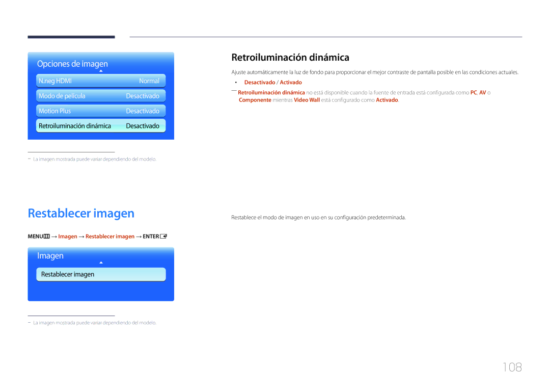 Samsung LH95MECPLBC/EN manual 108, Retroiluminación dinámica, MENUm → Imagen → Restablecer imagen → Entere 