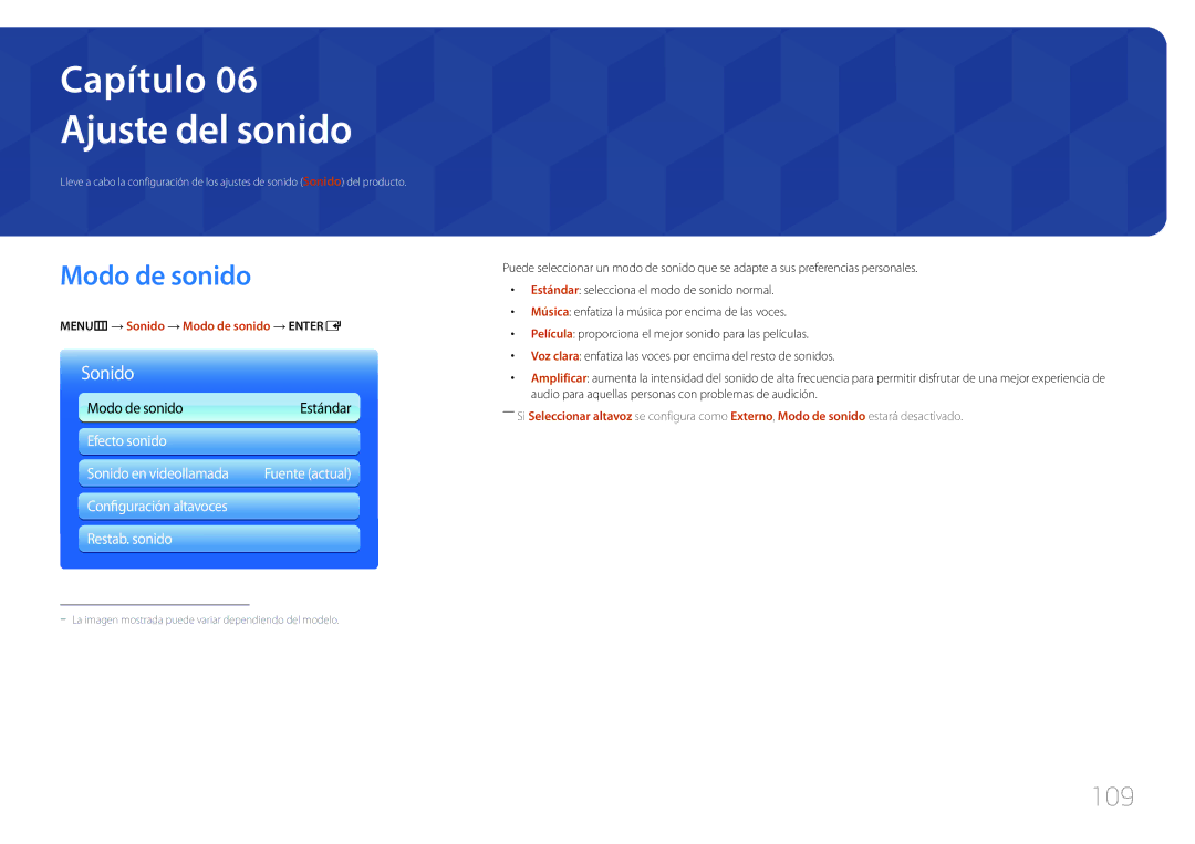 Samsung LH95MECPLBC/EN manual Ajuste del sonido, 109, MENUm → Sonido → Modo de sonido → Entere 