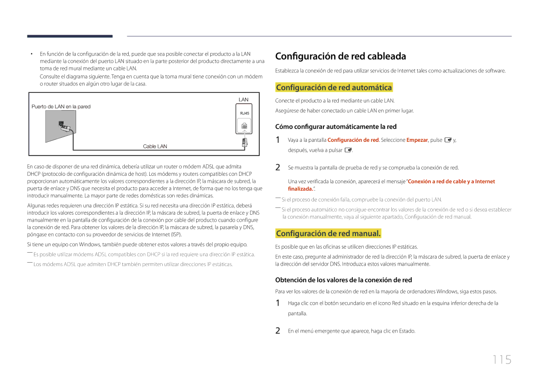 Samsung LH95MECPLBC/EN 115, Configuración de red cableada, Configuración de red automática, Configuración de red manual 