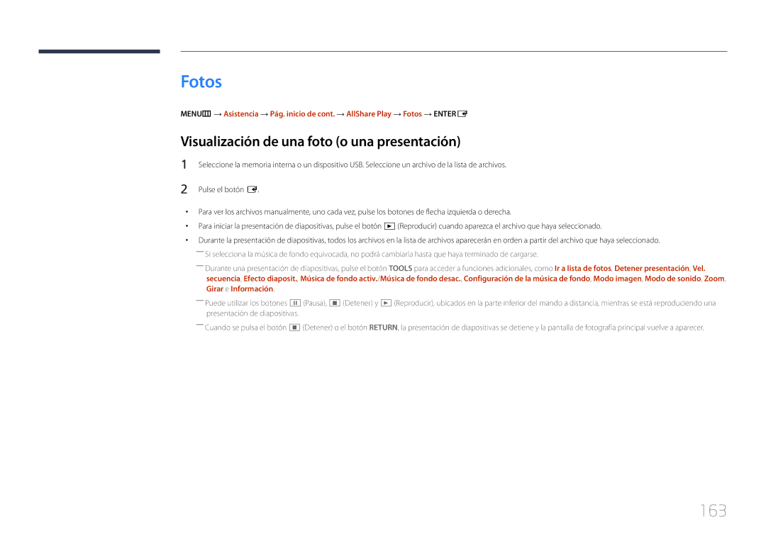 Samsung LH95MECPLBC/EN manual Fotos, 163, Visualización de una foto o una presentación 