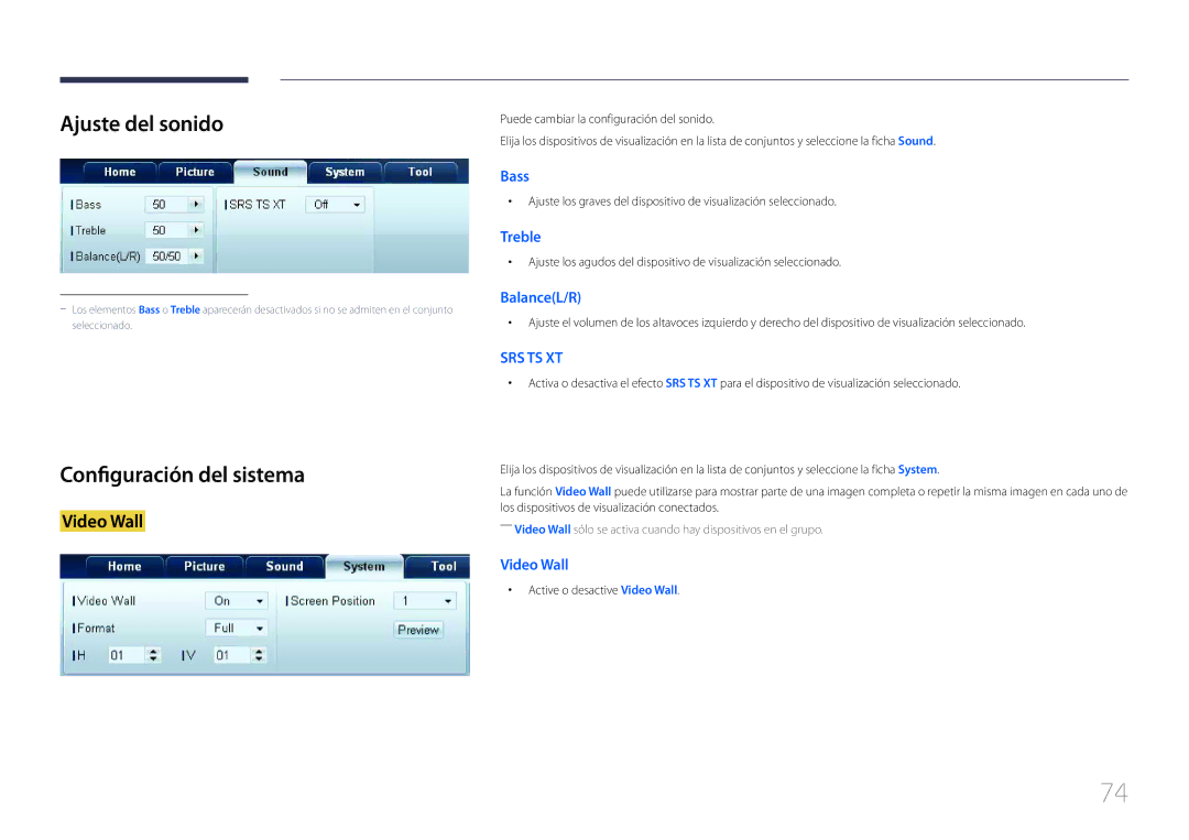 Samsung LH95MECPLBC/EN manual Ajuste del sonido, Configuración del sistema, Active o desactive Video Wall 