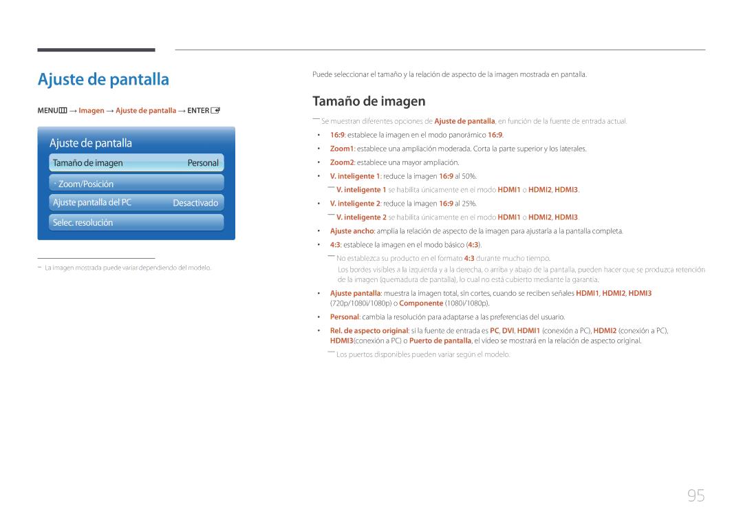 Samsung LH95MECPLBC/EN manual Tamaño de imagen, MENUm → Imagen → Ajuste de pantalla → Entere 