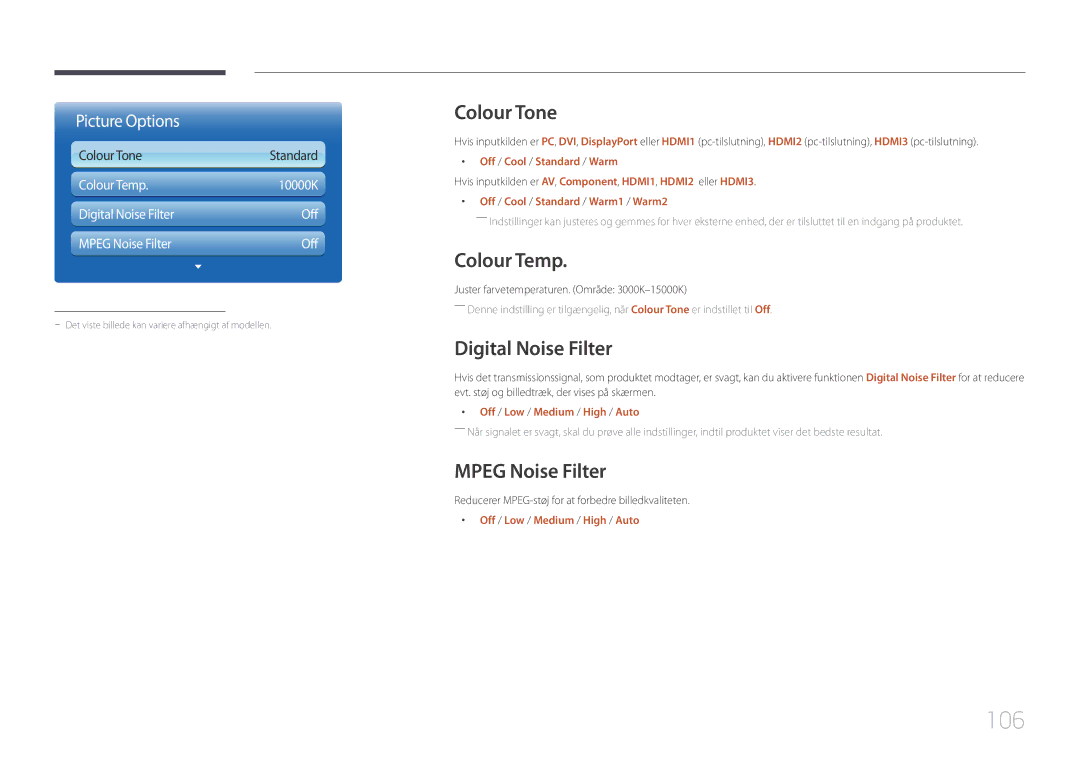 Samsung LH95MECPLBC/EN manual 106, Colour Tone, Colour Temp, Digital Noise Filter, Mpeg Noise Filter 