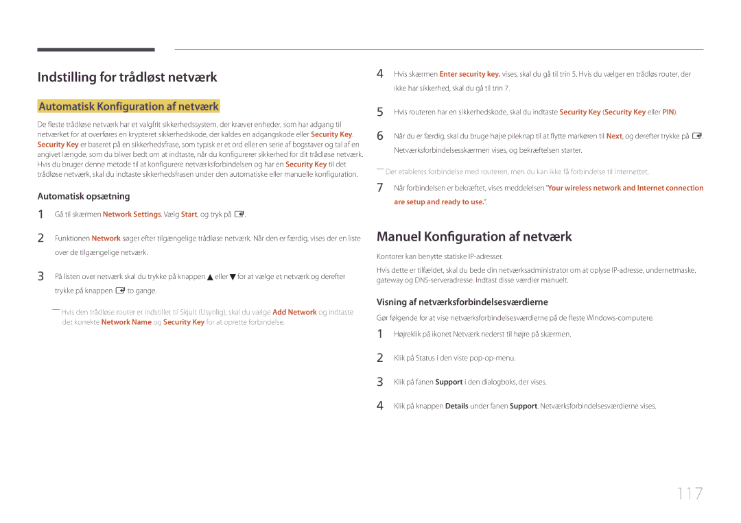Samsung LH95MECPLBC/EN 117, Indstilling for trådløst netværk, Manuel Konfiguration af netværk, Are setup and ready to use 